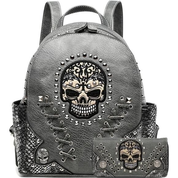 Sugar Skull Punk Art Rivet Stud Biker Purse Women Fashion Backpack Python - Picture 1 of 8